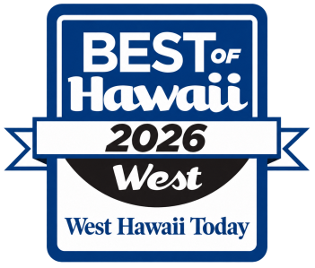 Award badge reading 'Best of Hawaii 2026 West, West Hawaii Today' in blue and white.