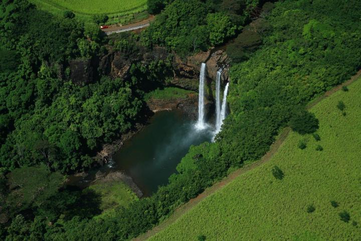 a waterfall surrounded by green grass and trees